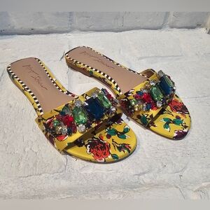 Betsey Johnson Yellow Floral Jeweled Sandals. Size 6.